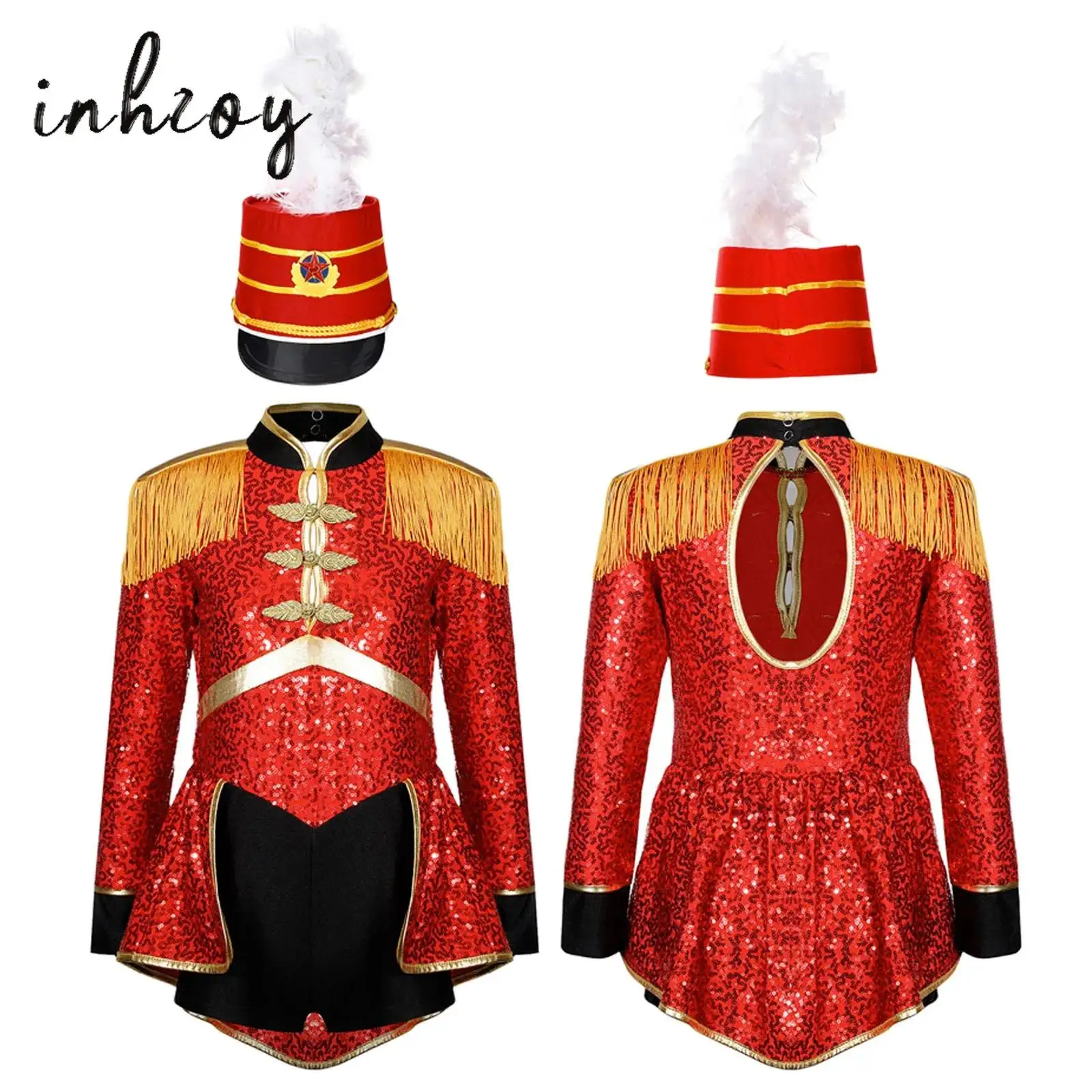 

Girls Circus Ringmaster Costume Shiny Sequin Performance Jumpsuit Marching Band Drummer Uniform Lion Tamer Fancy Outfit