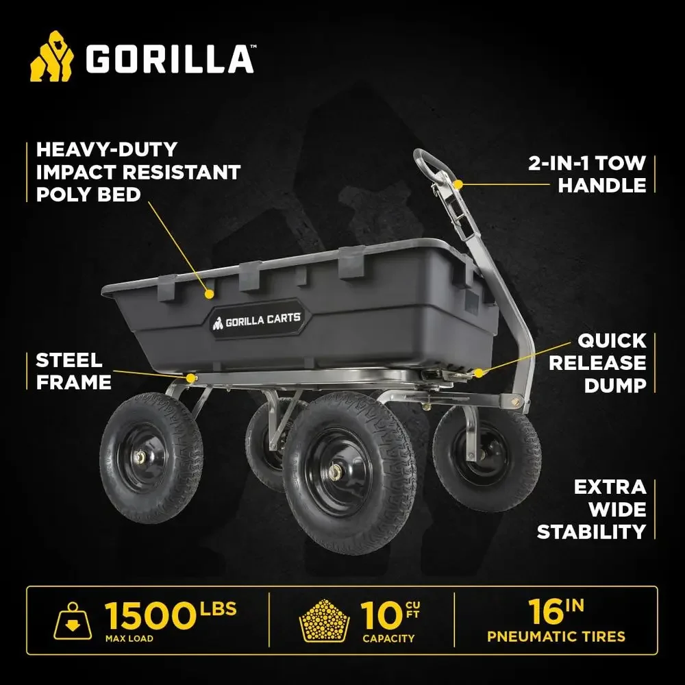 Sturdy Poly Yard Cart, 10 Cubic Ft, 1500 lbs Capacity, Black - Towing Utility Wagon with Easy Dump & Air Tires for Landscaping a