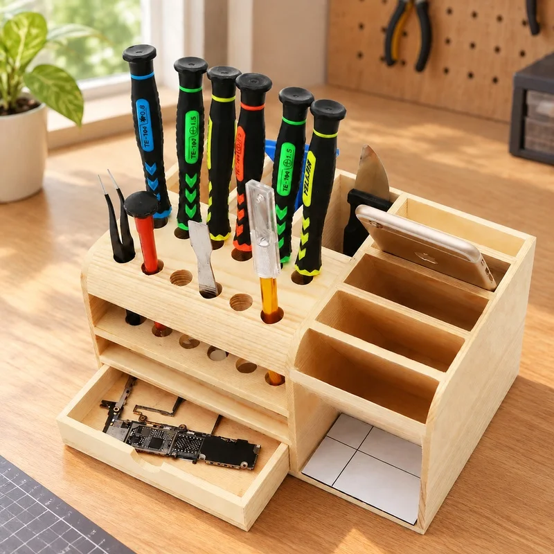 Multi-Compartment Wooden Tray Designed for Storing Mobile Repair Tools Like Tweezers, Screwdrivers, Pliers, and Small Parts