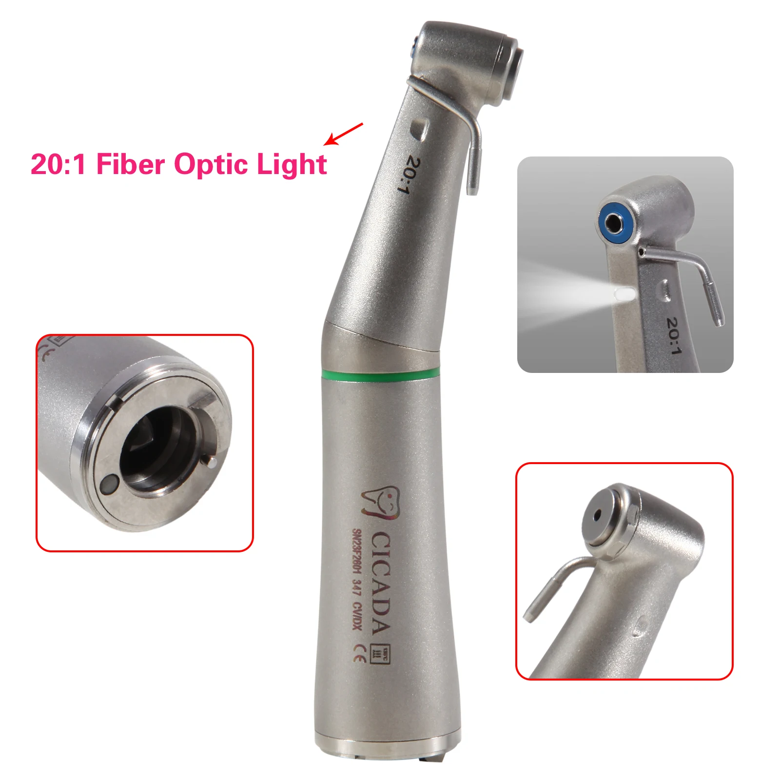 CICADA Dental Fiber Optic 20:1 Sugical Implant Contra Angle Push Button LED Low Speed Handpiece External Water Fit NSK