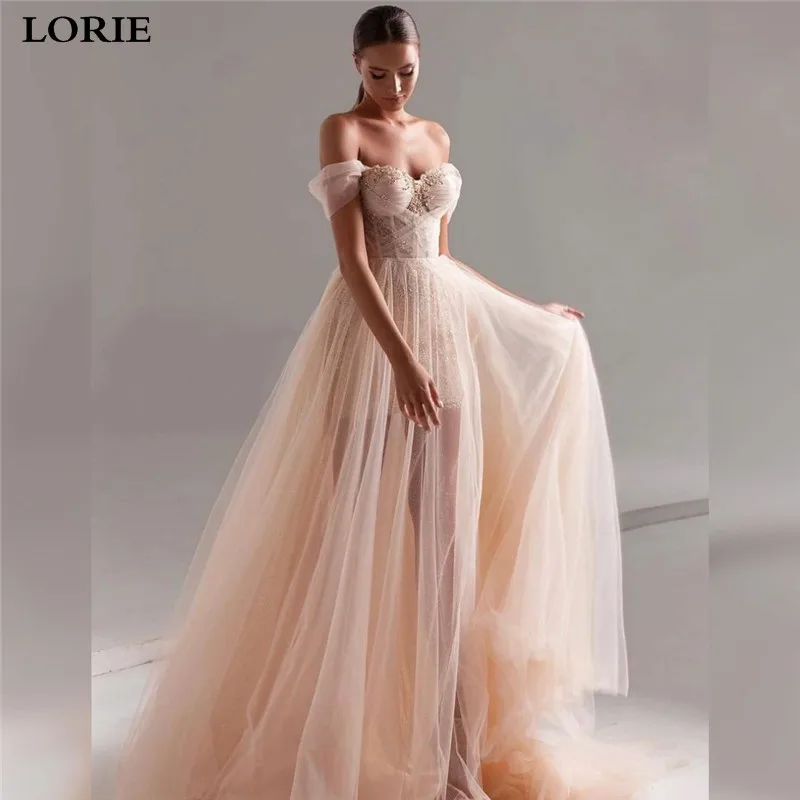 

LORIE Champagne Beading Evening Dress Sweetheart Glitter Tulle Wedding Dress Off Shoulder Prom Gowns Bride Formal Party Dress