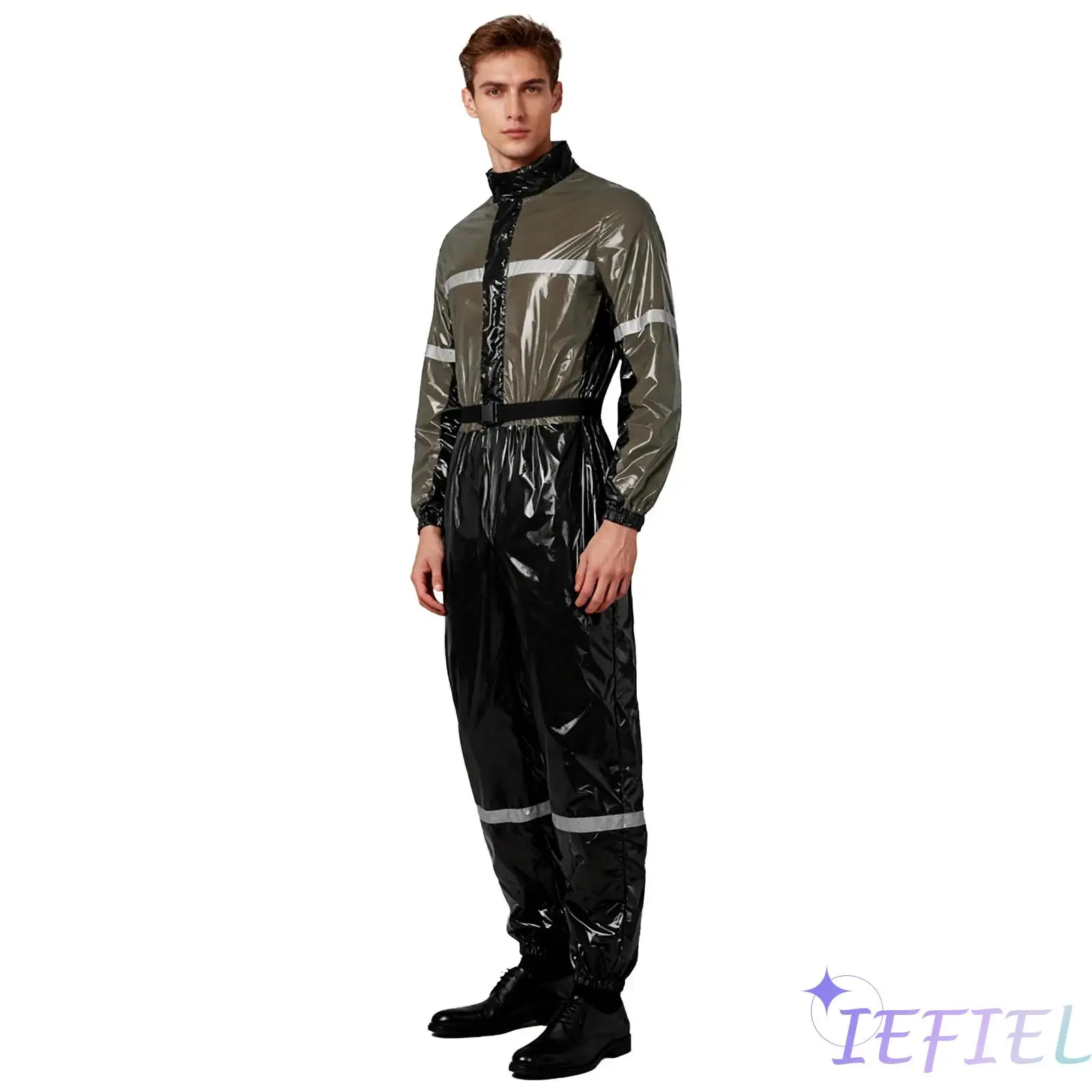 Adult Men Reflective Strips Waterproof Coveralls Color Block Bodysuit Romper Workwear Long Sleeves Front Zipper Belted Jumpsuit