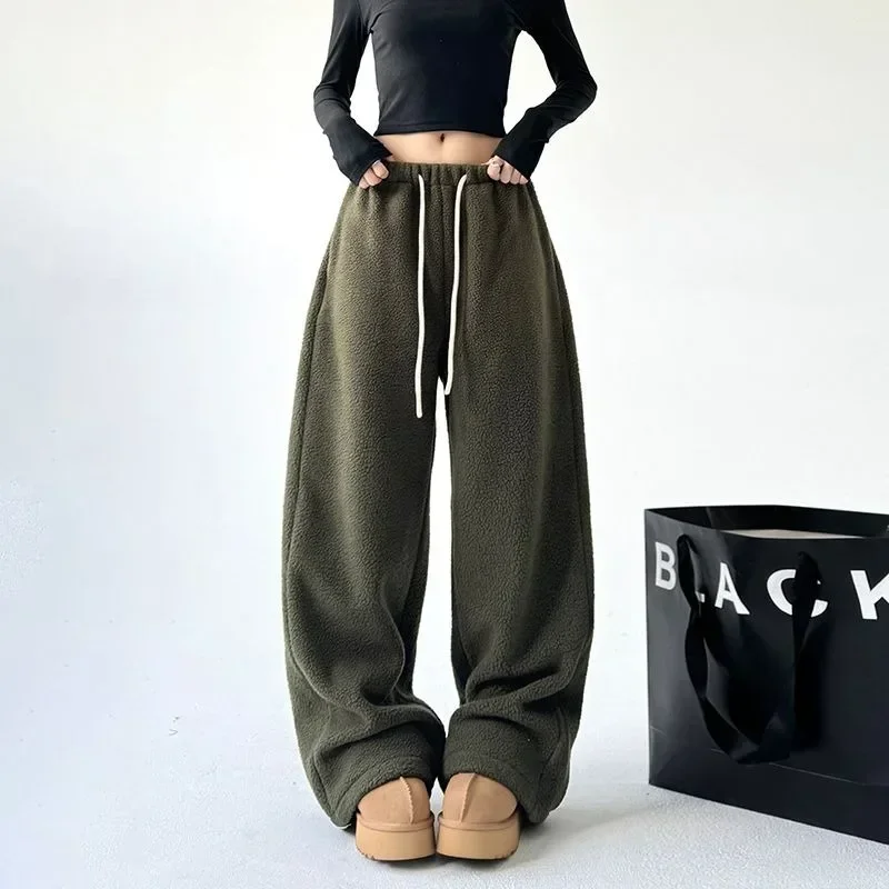 Deeptown Y2k Vintage Winter Sweatpants Woman Korean Popular Baggy Sports Thick Pants Office Lady Basic Wide Leg Warm Trousers