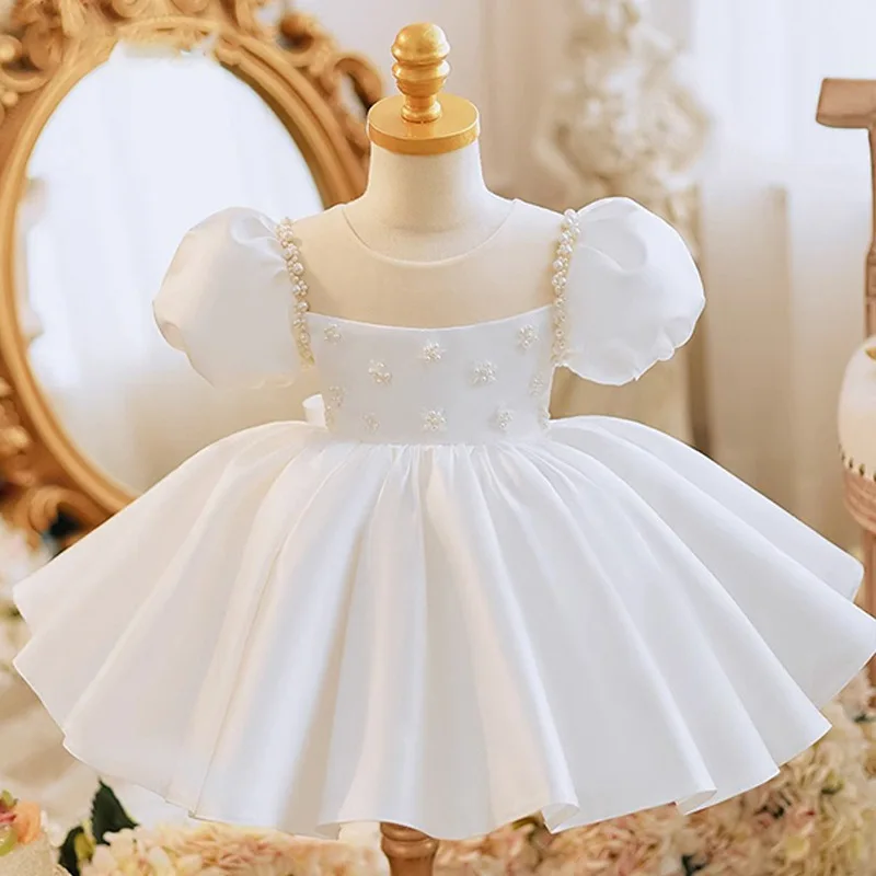 

Girls White Cute Bow Beading Design Princess Ball Gown Children Birthday Wedding Party Boutique Dresses y1028