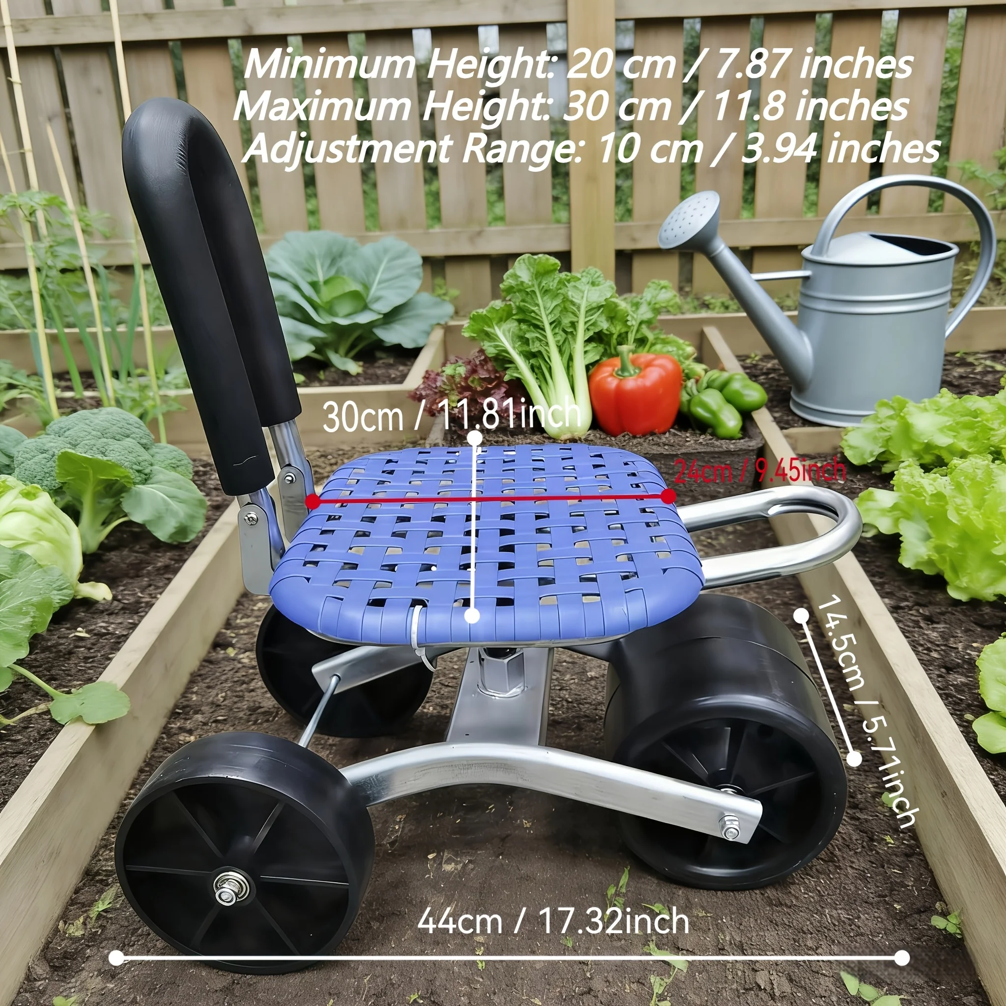 Rolling Garden Cart with Seat, Adjustable Height, 360° Swivel Wheels, Heavy-Duty Gardening Stool for Planting & Yard Work