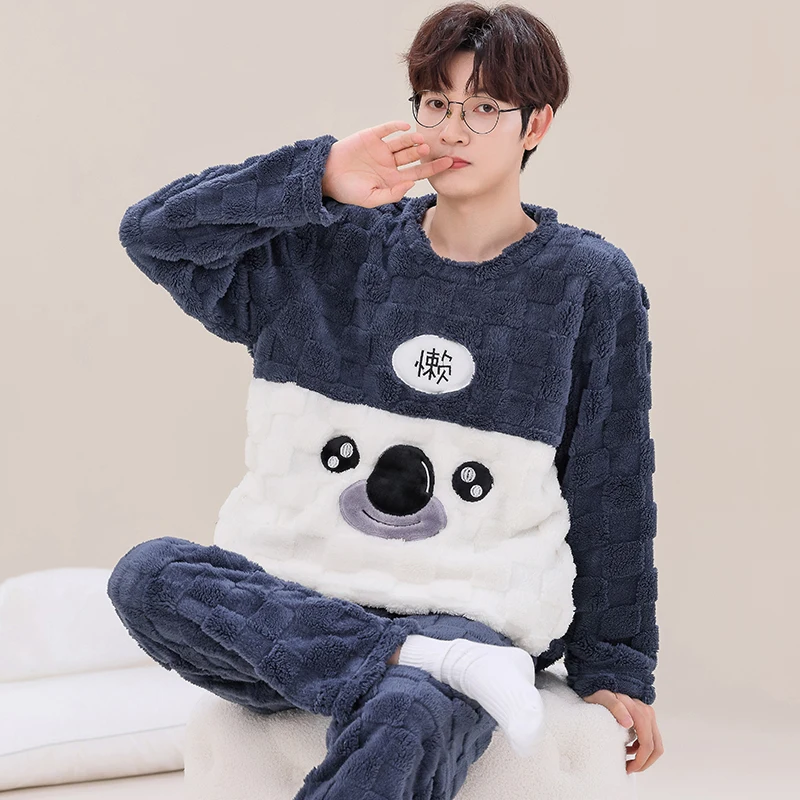 

Men Winter Warm Flannel Pajama Set Long Sleeve Thick for Men Coral Velvet Cute Cartoon Sleepwear Suit Pyjamas Homewear Clothes