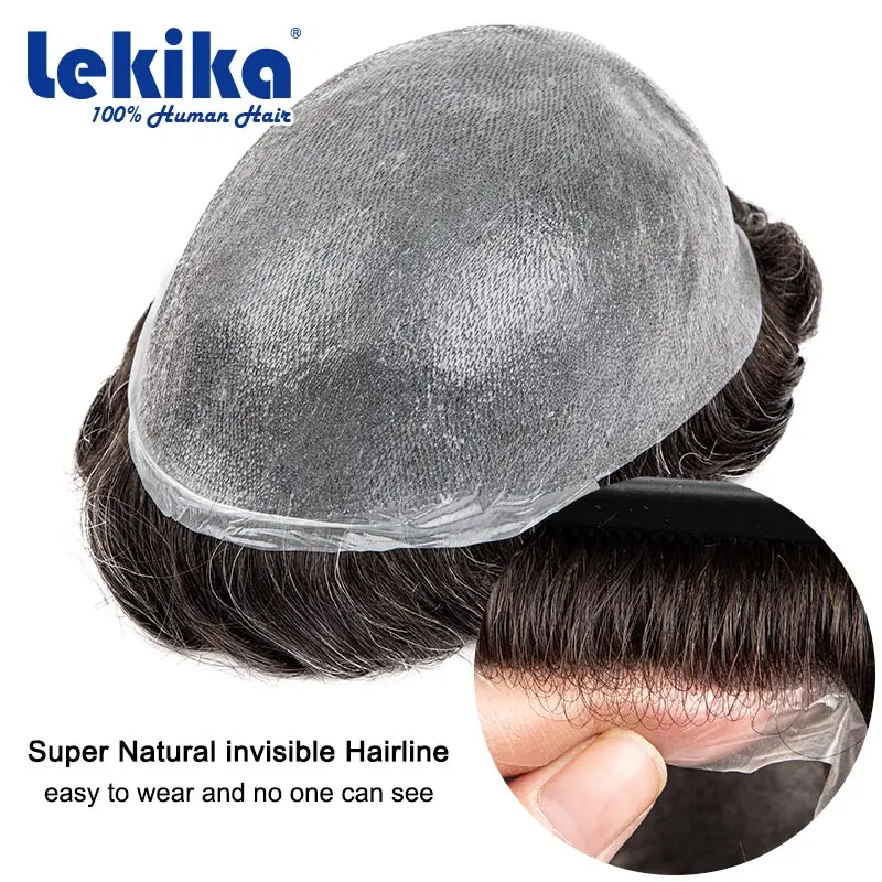Peruka męska z włosów naturalnych, cienka skóra HD 0,02 mm, naturalna linia włosów, szaro-brązowa, super brązowa, 90% gęstości, mikroskóra, proteza kapilarna.