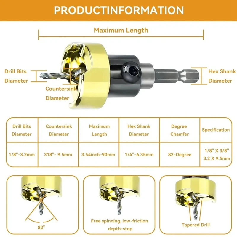 DIDI 82 Degree Woodworking Countersink Drill Bits Carbide Tipped With Adjustable Depth Stop No Thrust Ball Bearing