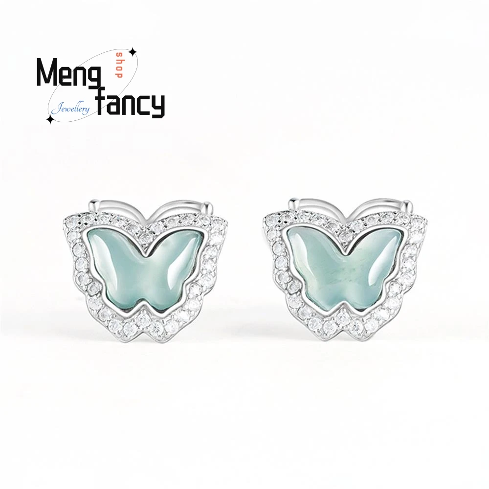 

Natural A-goods Jadeite Blue Water Butterfly Earrings Icy Jade S925 Silver Inlaid Exquisite Luxury Quality Jewelry Holiday Gifts