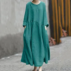 Vintage Solid Color Cotton Linen Dresses for Women Loose Buttons Long Sleeve Pockets Woman Dress Boho Robe O Neck Femme Vestidos