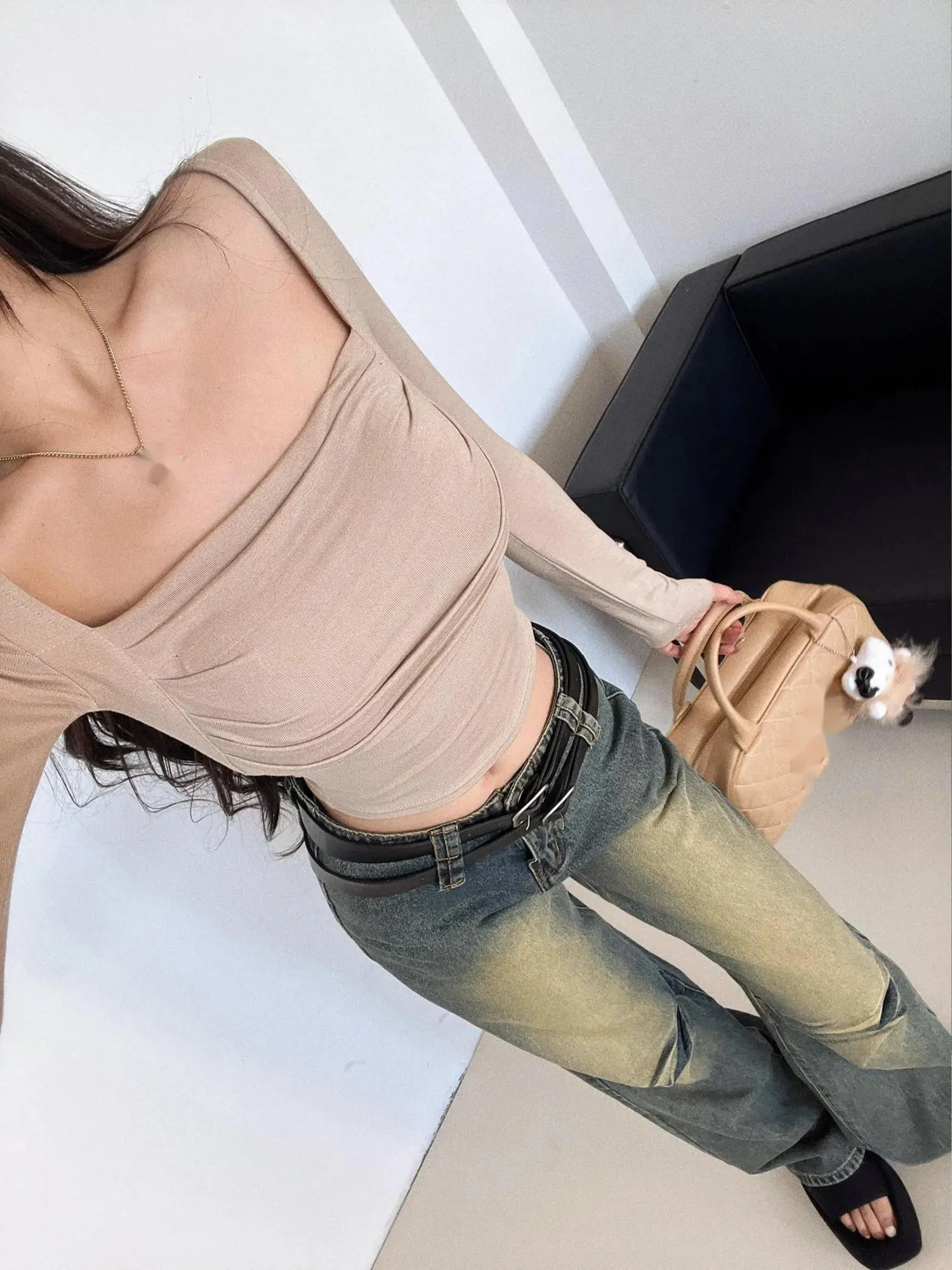 2024 Autumn New Sexy Pleated Square Collar Long Sleeve T-shirt Women's Cinching Waist Slim Exposed Navel Solid Short Top ZBGO