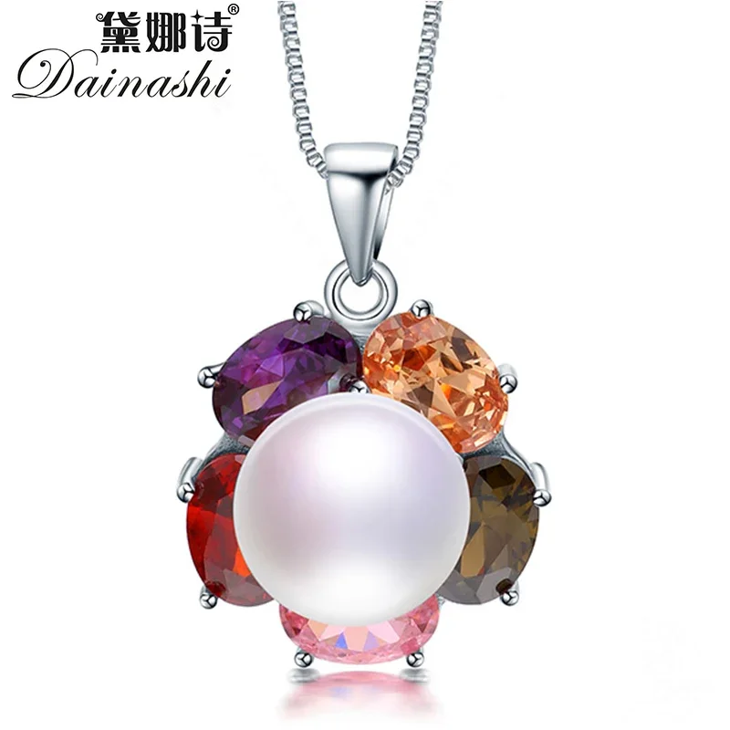 

925 Sterling Silver Colorful Zircon Trendy Pendant 100% Genuine Natural Freshwater Pearl Elegant Pendant Necklace(No Chain)