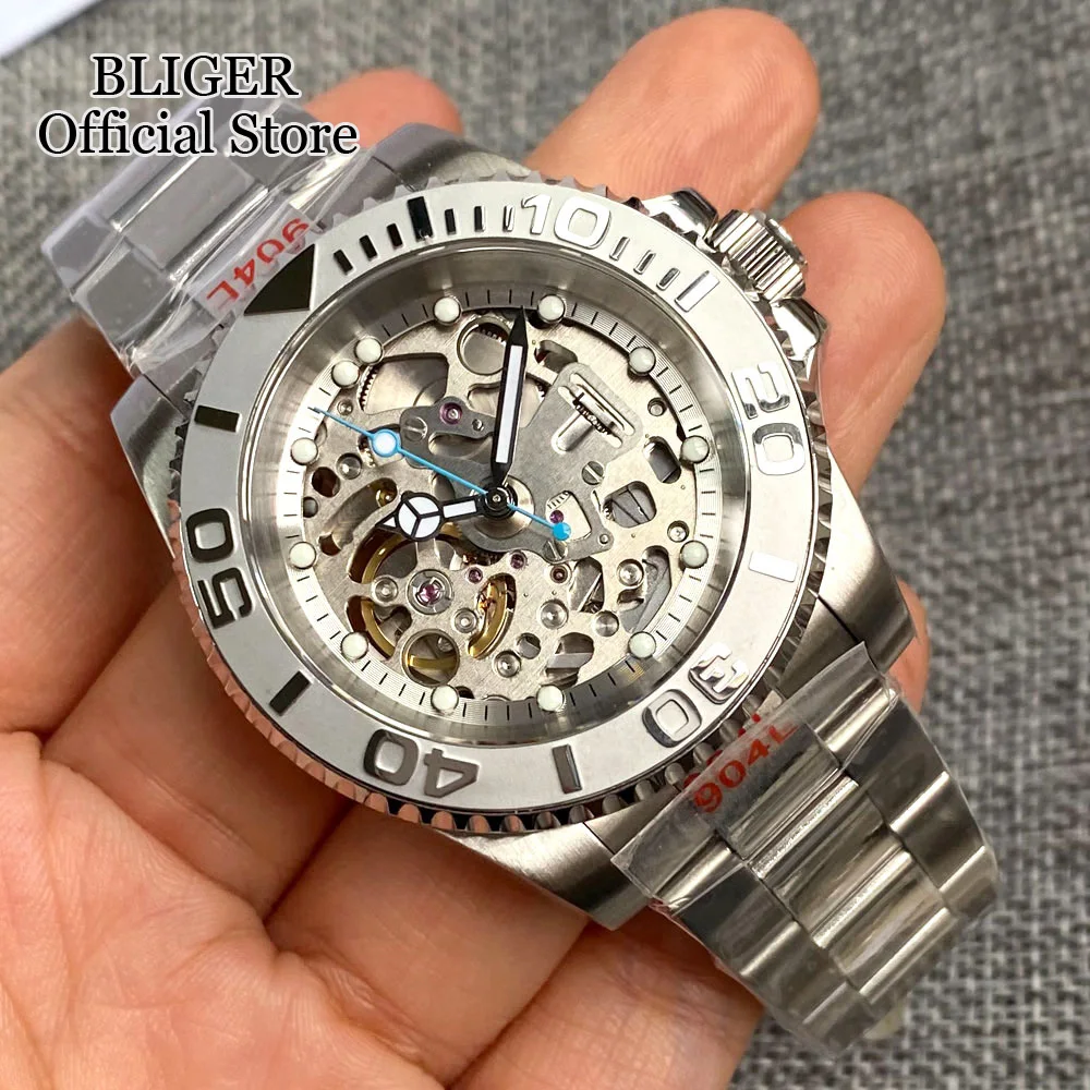 Diving 40mm NH70A Automatic Movement Mens Watch 200M Waterproof Transparent Hollow Dial Polished Bracelet Ceramics Insert