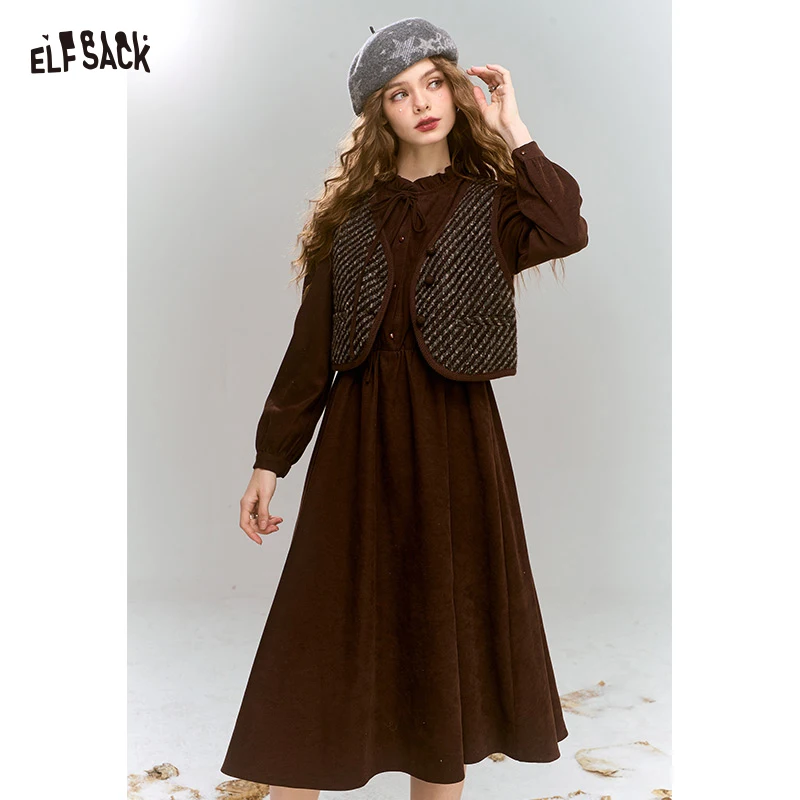 

ELFSACK Elegant Solid Dress Fake Two Piece Stripe Vest Flare Dress For Women