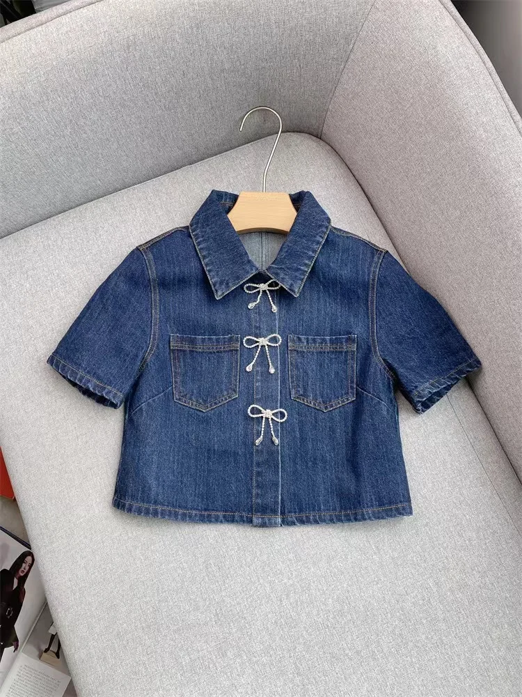 Spring Summer New Fashion Rhinestone Bow Blue Denim Set Women Turn-Down Collar Short Sleeve Shirt or A-Line Mini Skirt Suit 2024