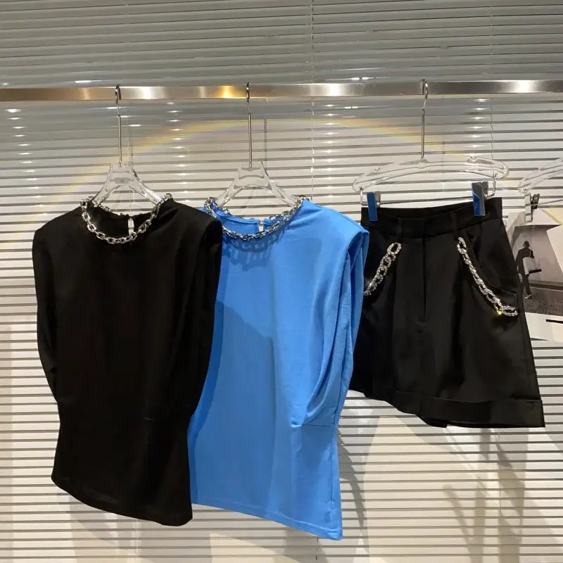   سلسلة معدنية ort Sve تي شيرت نسائي Sle oulder Pad Caixue صيف جديد وصول Faionable جولة Ne الأعلى