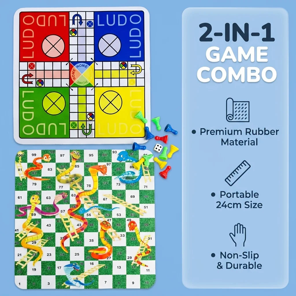 2 in 1  Ludo and Snake and Ladder Board Game Set Includes 2 Boards, 16 Game Pieces and 1 Die Suitable for Parties