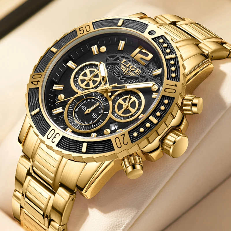 LIGE 2023 New Fashion Gold Watch For Men Casual Business Mens Watches Top Brand Luxury Chronograph Quartz Military Wristwatch