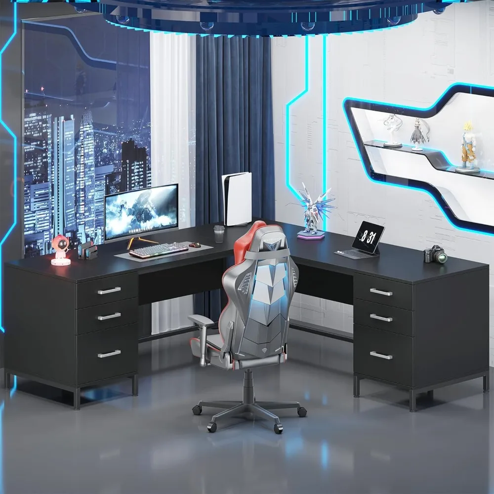 مكتب على شكل حرف L مقاس 59 بوصة مع 6 أدراج، مكتب كمبيوتر كبير بزاوية المكتب المنزلي مع خزانة ملفات تخزين