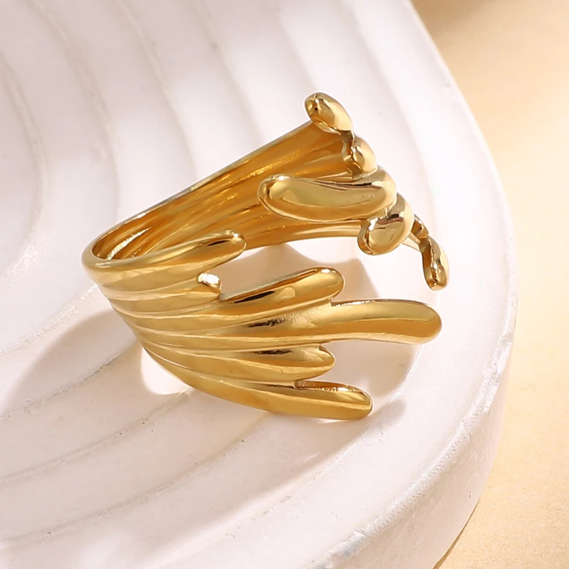 DLHP Irregular Stainless Steel Rings For Women Gold Plated Smooth Wings Wide Adjustable Open Rings 2024 Trend Jewelry Gift Femme