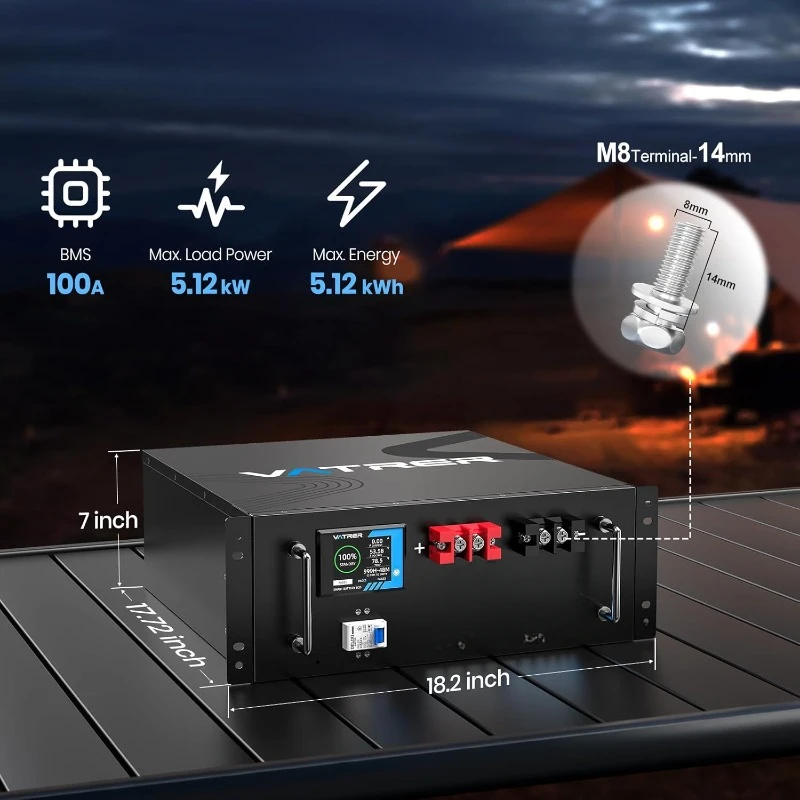 48V 100AH Lithium LiFePO4 Battery, Built-in 100A BMS, with Touchable Smart Display & Mobile APP