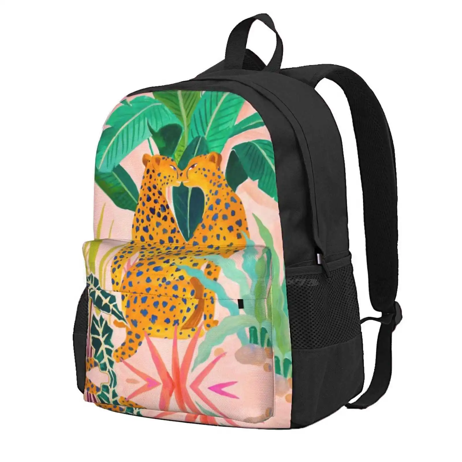 Cheetah Crush Hot Sale Schoolbag Backpack Fashion Bags Cheetah Panther Leopard Big Cat Feline Plants Leaves Botanical Wild Bird