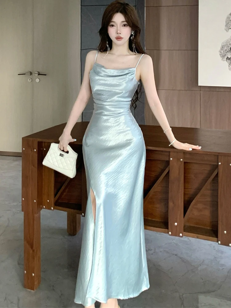 Women Blue Satin Pleated Bodycon Sling Sexy Long Dress Summer Elegant Luxury Dance Party Dress 2025 Korean Bodycon Evening Dress