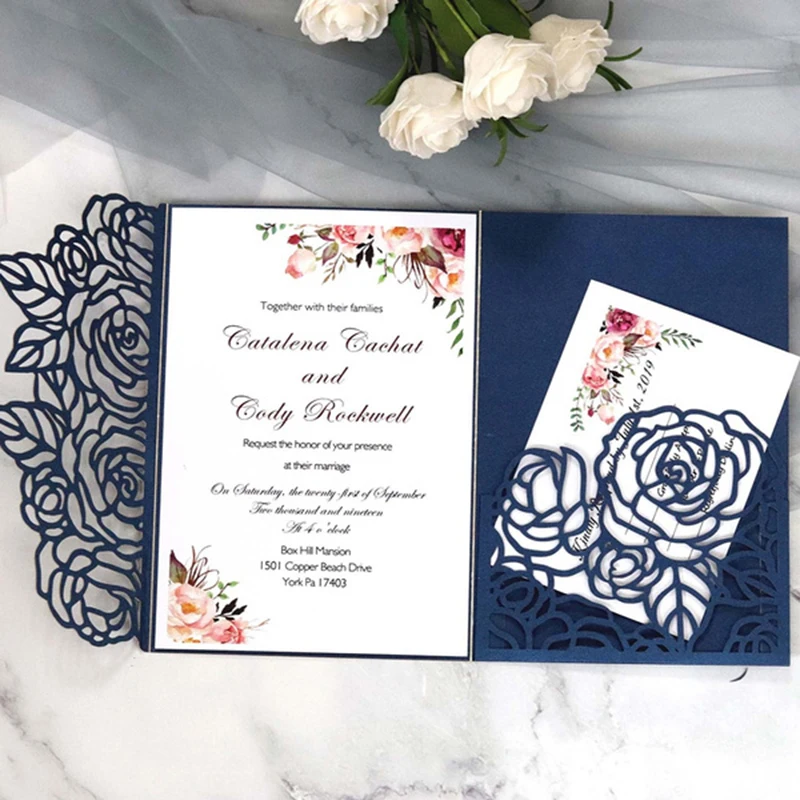 100pcs Laser Cut Rose Wedding Invitations Card With RSVP Cards Envelope Pocket Personalized Birthday Mariage Party Supplies