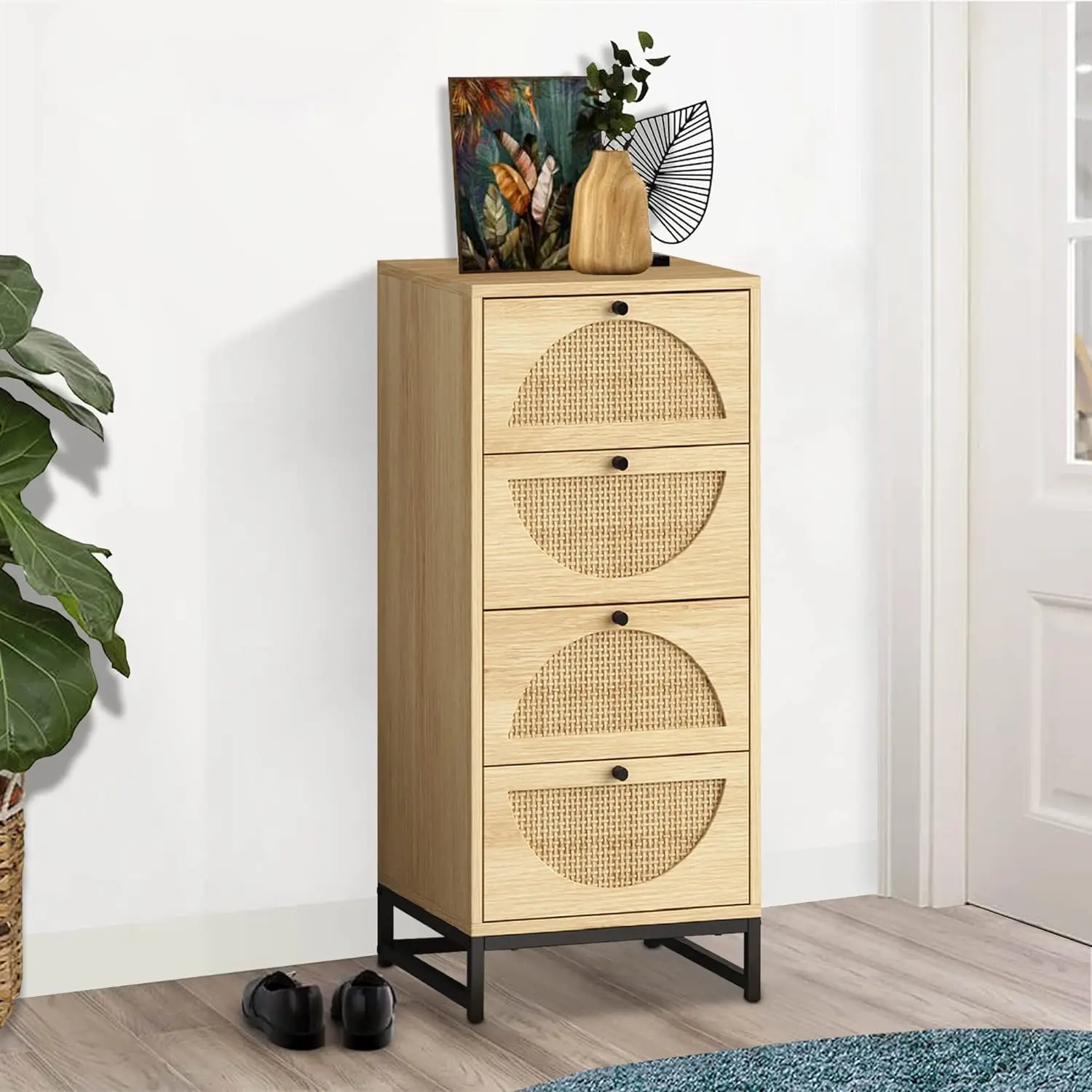 Natural Rattan Cabinet with 4 Drawers, Tall Wooden Bedside Table with Metal Base,Accent Storage Cabinet for Living Room, Bedroom