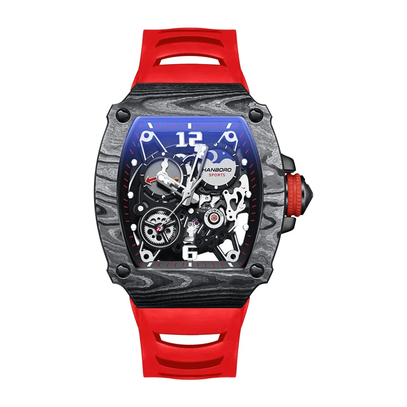 

HANBORO Full Automatic Carbon Fiber Wine Barrel Machinery Men's Skeleton Tonneau Watch Waterproof Hollow Luminous Men Watches