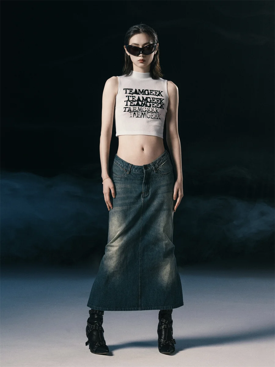 

Джинсовая юбка-русалка с низкой талией TEEKK 2023SS PART Ro Sle, средней длины, с вставками, карманами и декоративными элементами