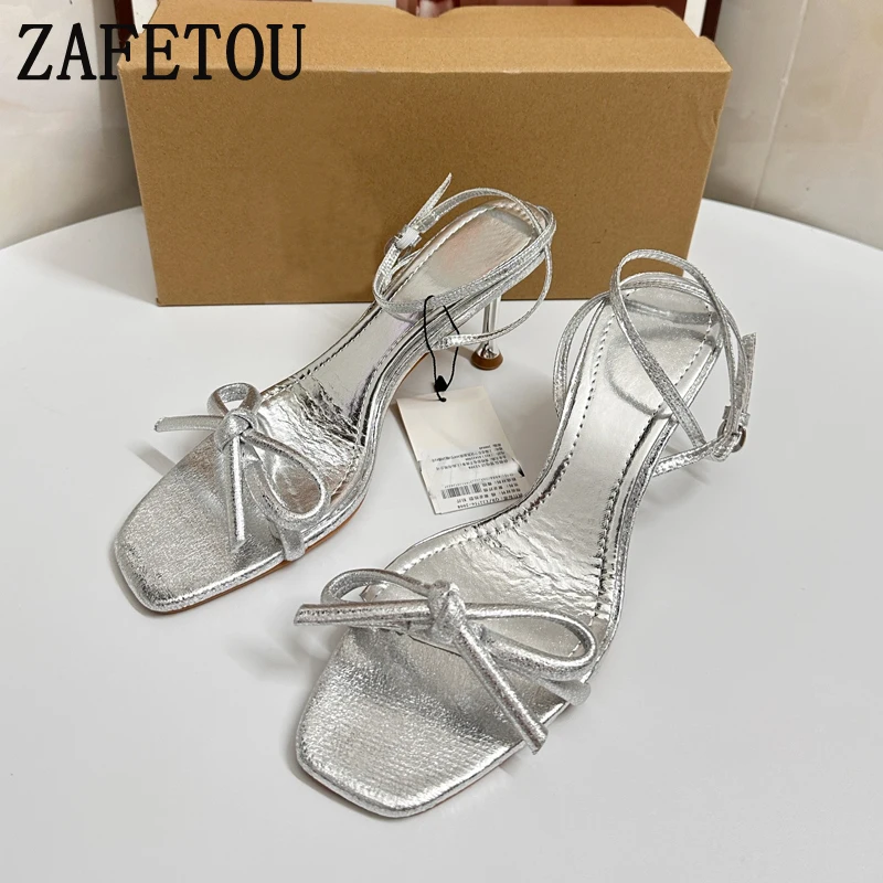 Zafetou Shoes Women 2024 Summer New Style Fangtou Exposed Toes Bow High Heels  Cross Ankle Straps Exposed Heels Women's Sandals