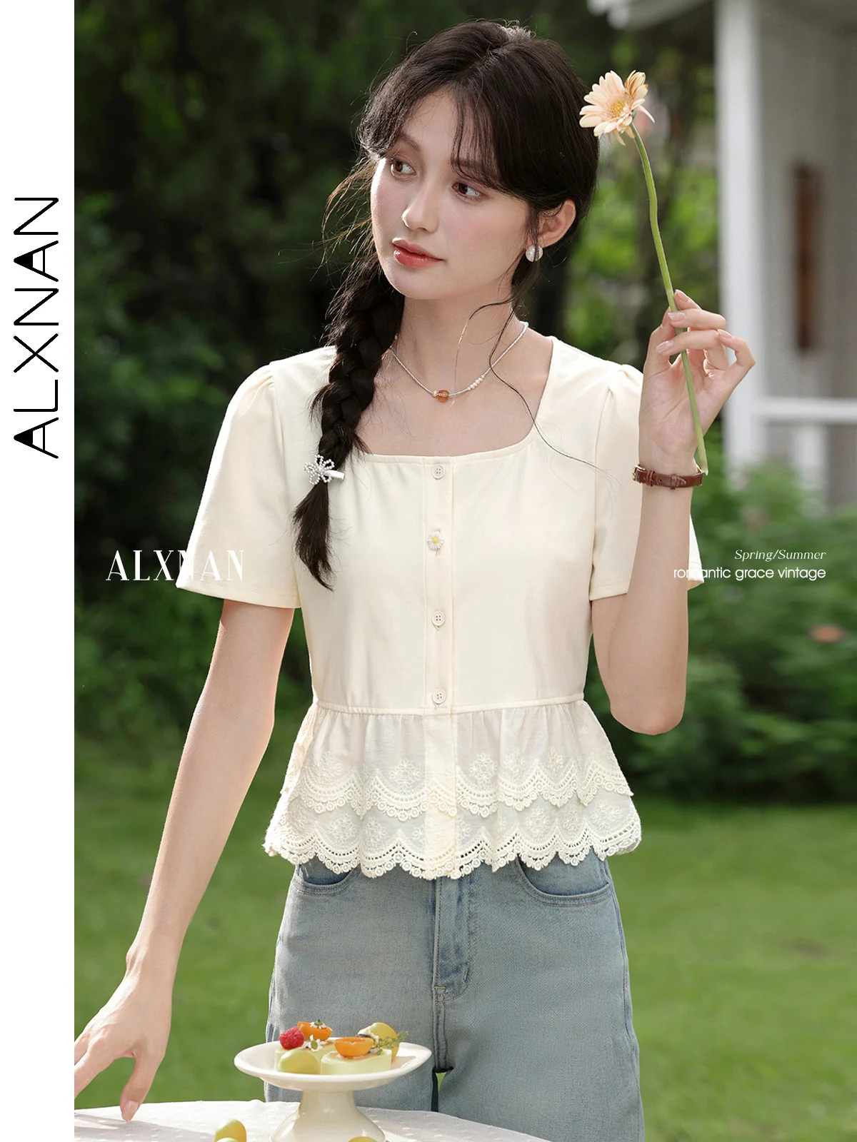 

ALXNAN Women's T-shirt Elegant Cotton Short Sleeve T-shirts 2025 Summer Casual Office Lady Cute Loose-fit Tops L56635 L36118