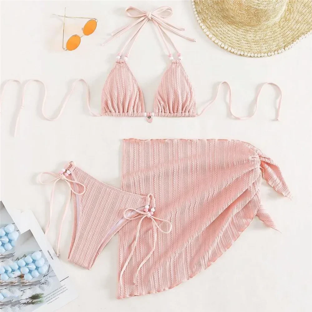 الوردي مضلع ملابس السباحة مع التستر سلسلة الرسن 3 قطعة مجموعة البكيني مثير مايكرو ثونغ ملابس السباحة النساء 2024 الفراولة بحر