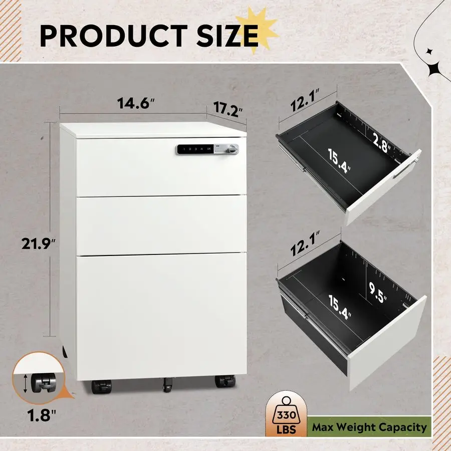 3 Drawer File Cabinet with Combination LockFully Assembled Metal Filling Cabinet Except Wheels, Mobile Under Desk File Cabinets