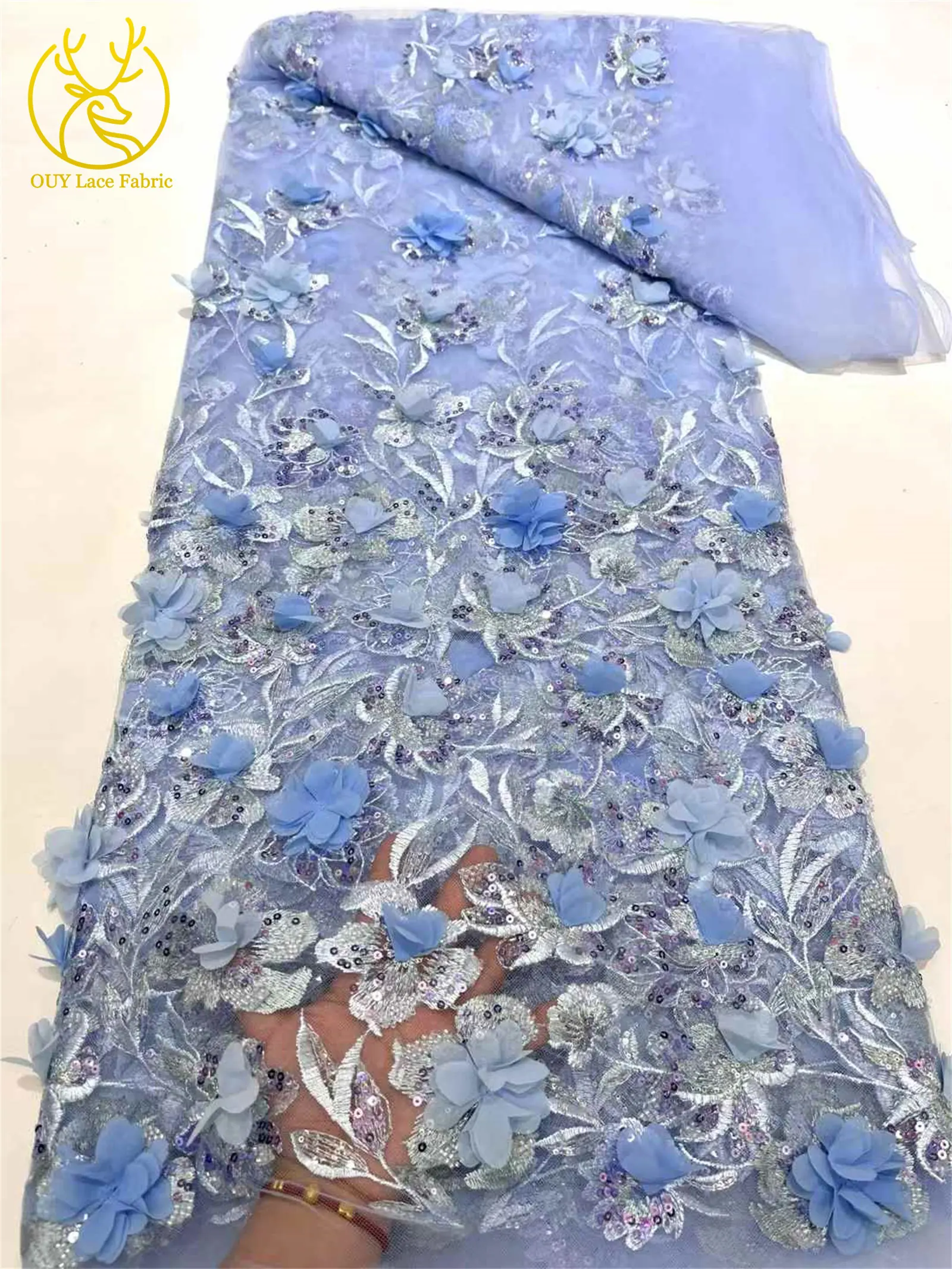 Latest African Beaded Sequins Lace Fabric Fashion Nigeria France 3D Applique Embroidery Mesh Tulle Lace For Wedding Dress Party