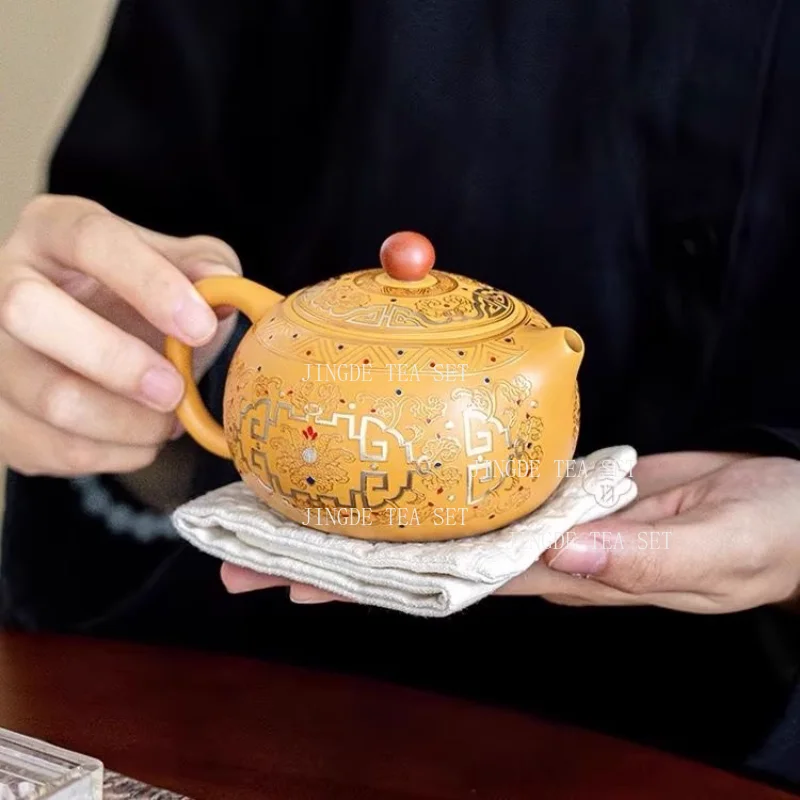 High end enamel ceramic Fengming teapot gold section clay one pot two cups Xishi portable tea brewing set