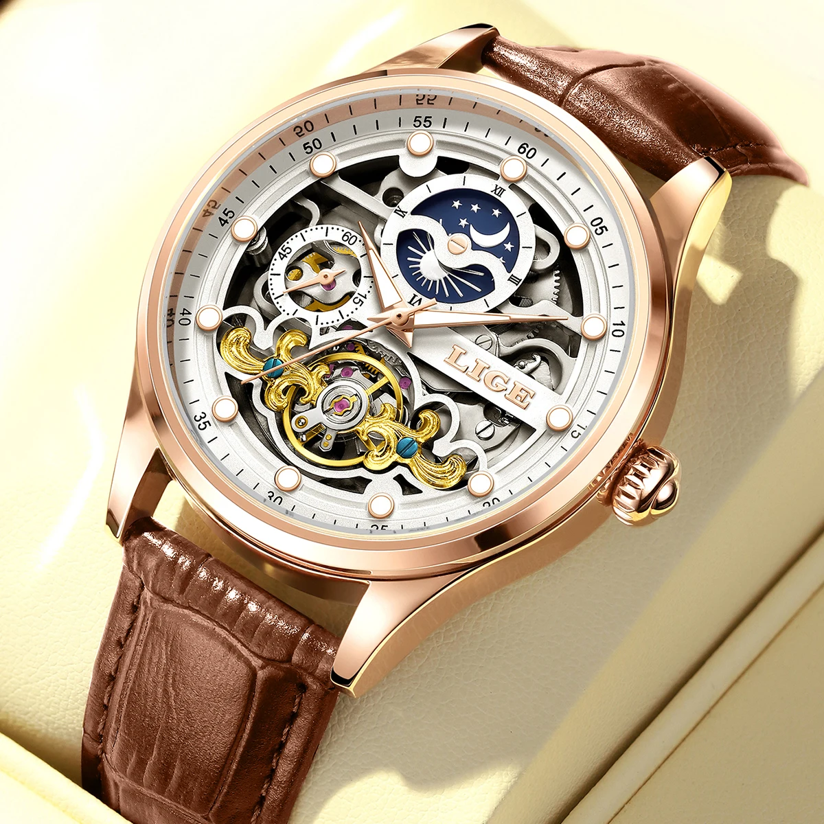 Men's Simple Dial Mechanical Watch with Leather Strap