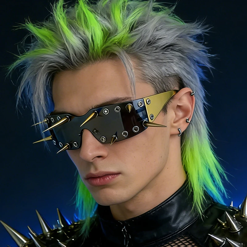 New Trendy Punk Spiky Exaggerated Rivet Sun Shade Future Tech Style One-Piece Frameless Sunglasses Street Stylish Party Eyewears