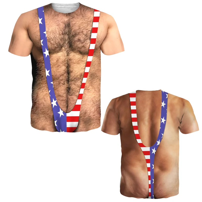 Men's Fake Abs Graphic T-Shirt 3D Hairy Chest Print Short Sleeve T shirt Fashion Cool Street Crew Neck Party Top Summer Clothing