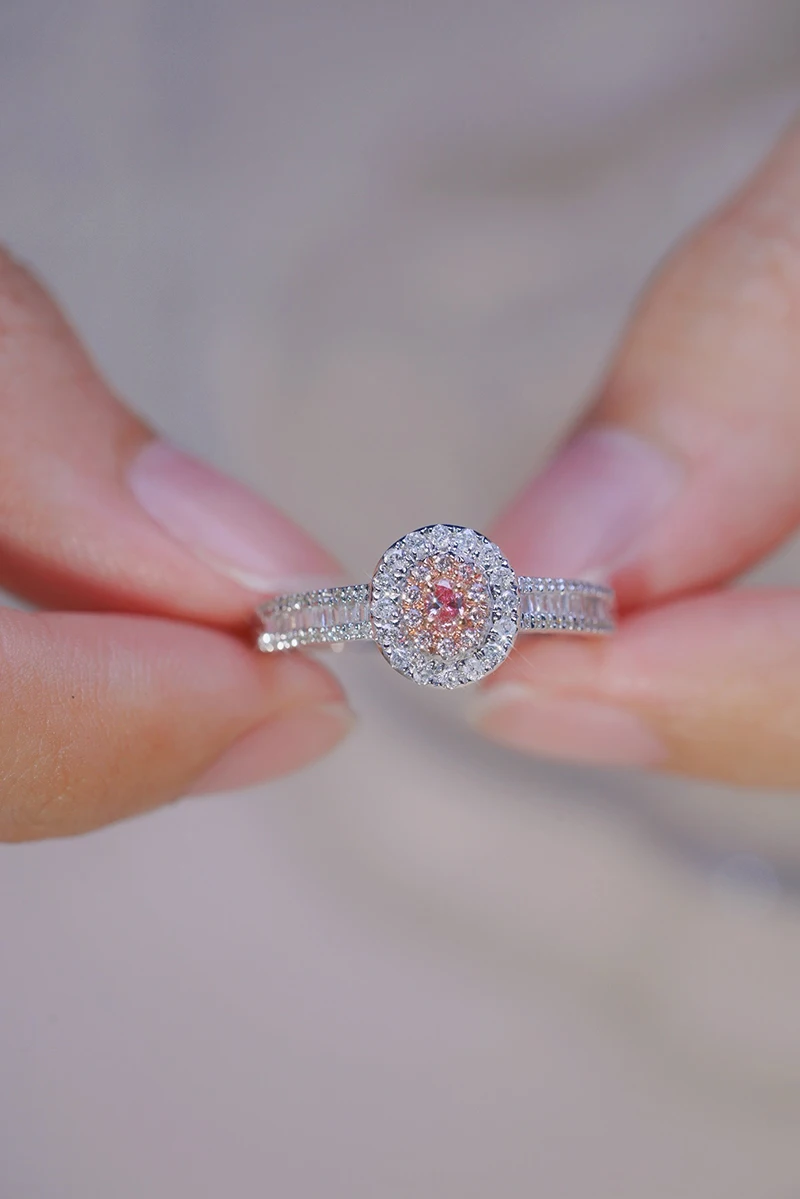 LUOWEND 100% 18K White Gold Rings Elegant Oval Shape Real Natural Pink Diamond Engagement Ring for Women High Wedding Jewelry