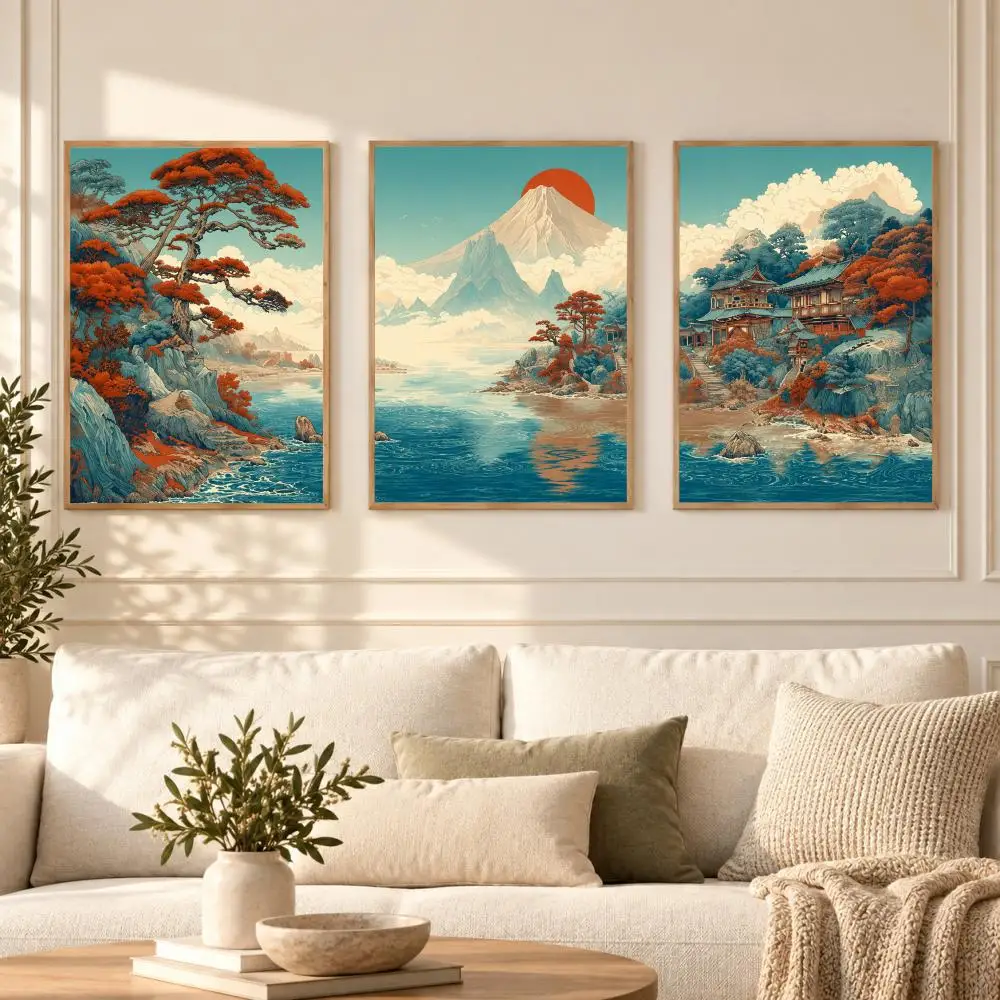 Japanese Ukiyoe Mount Fuji Red Sun Painting Calligraphy 3 PCS Canvas Wall Art Prints for Living Room Modern Poster Decals Decor