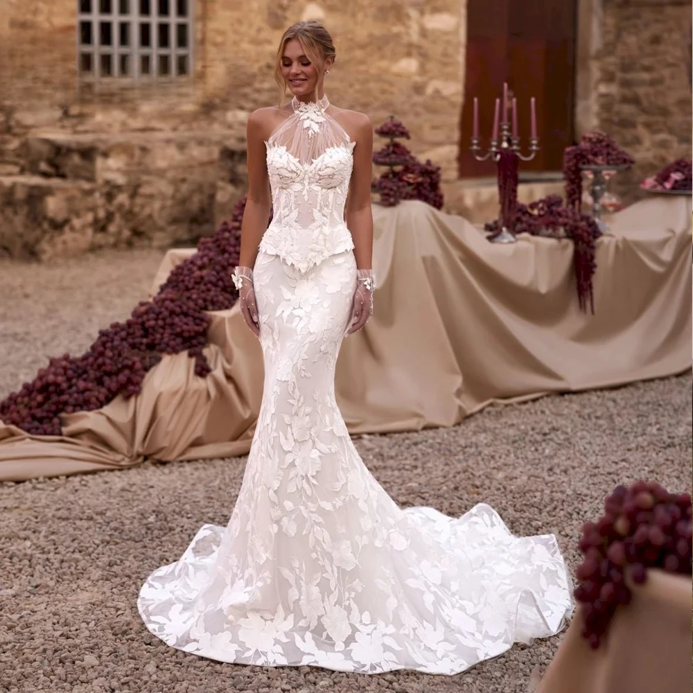 Halter Backless Bridal Dresses Sleeveless Appliques Trumpet Brush Train Vestido De Casamento Customised
