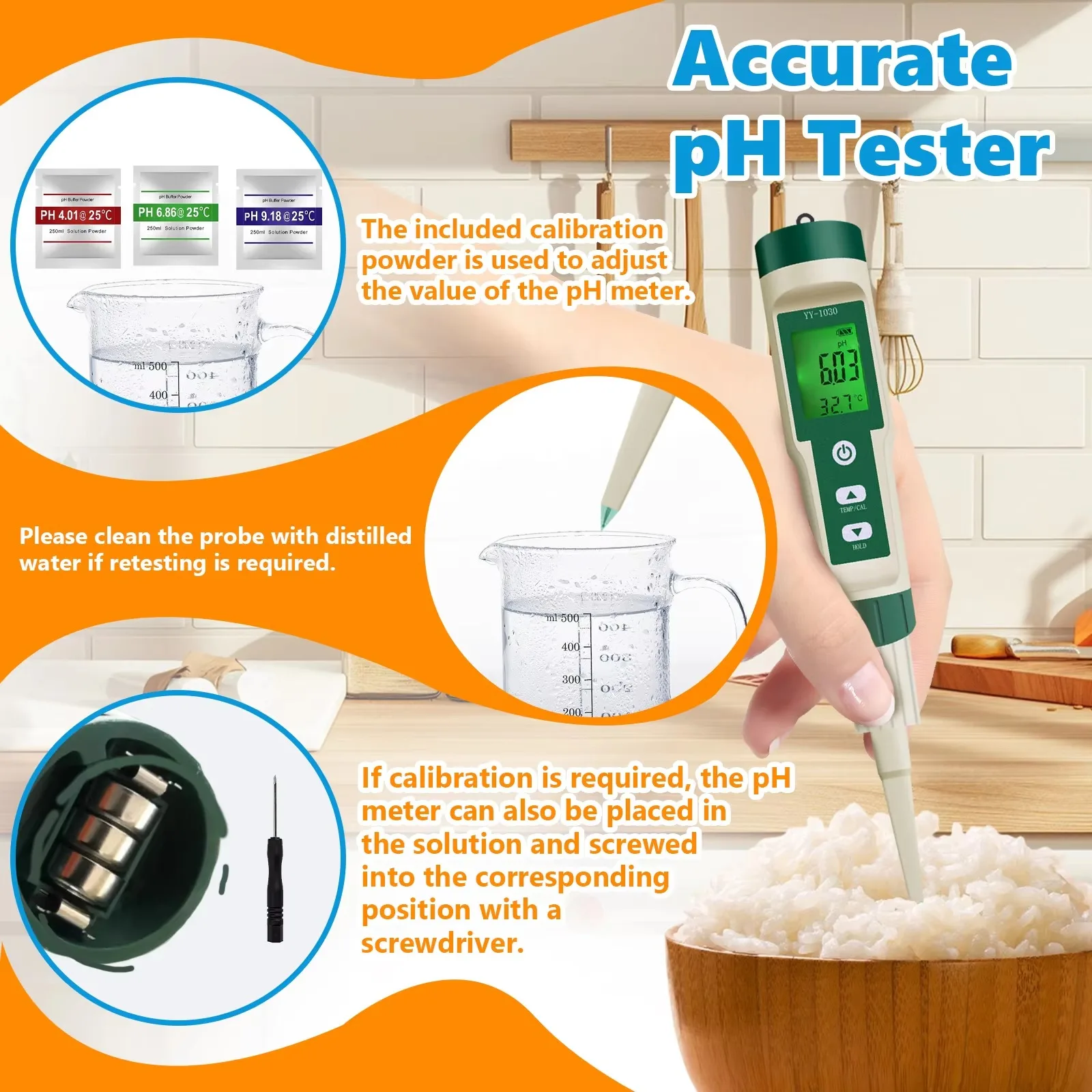 Portable Food pH Tester Pen YY-1030 with Puncture Probe 0-14pH ±0.1 High Precision ATC Waterproof Backlit