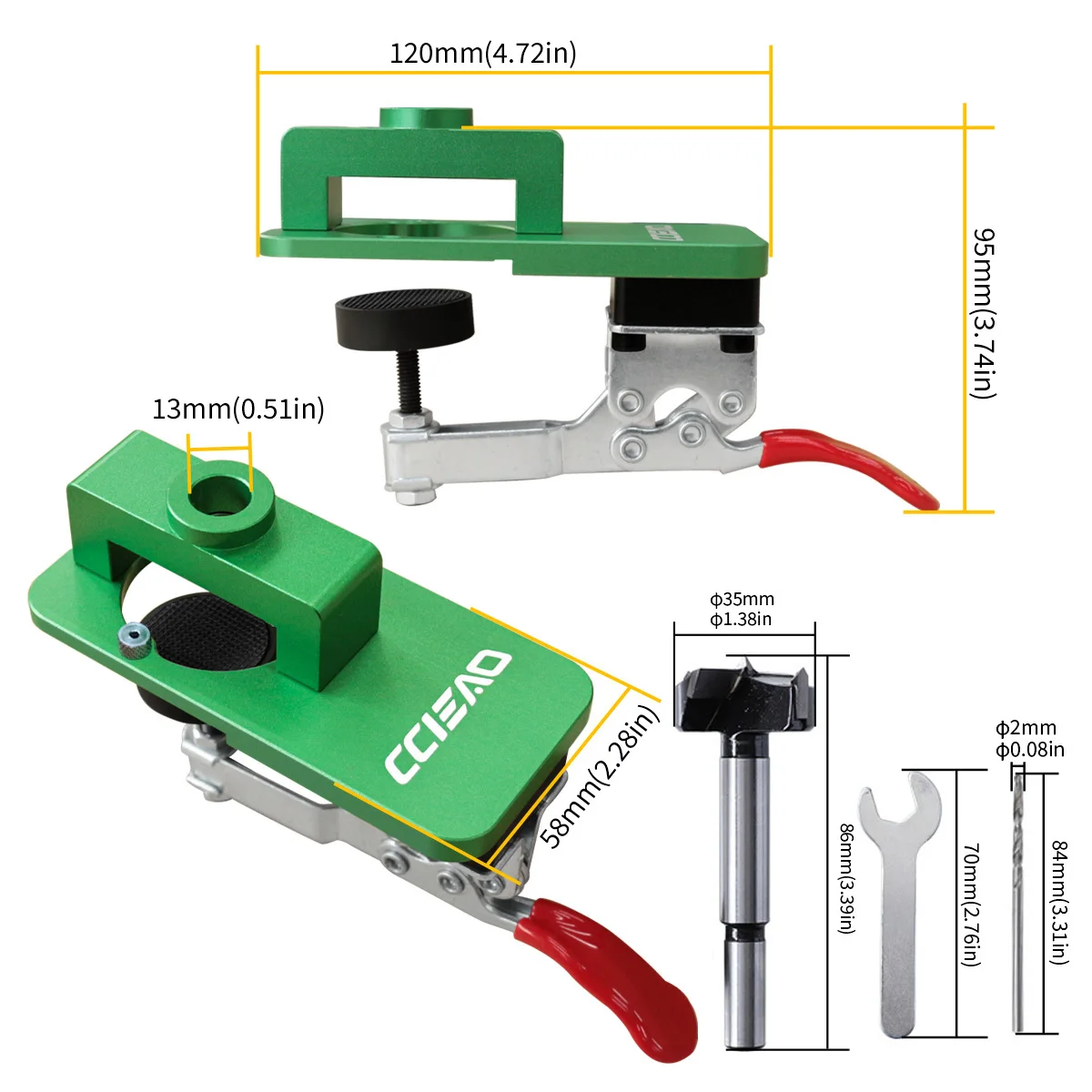 Metal Concealed Hinge Jig W- Quick Clamp - Hinge Hole Opener Template Drilling Jig Woodworking Door Cabinet Hinges Mounting Tool