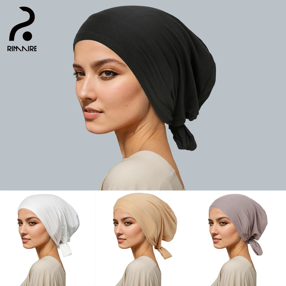 Fashion Women\'s Inner Caps Hats Elegant Soft Muslim Hijab High Quality Ladies Undercaps Hat Black Turban Headscarves RIMAIRE