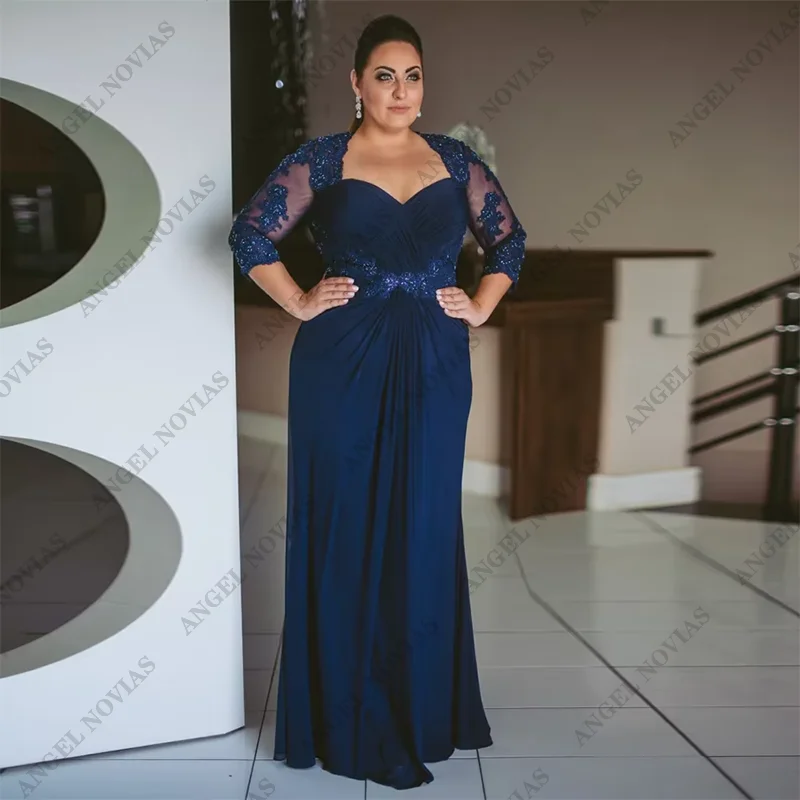 Vestido longo azul para mãe da noiva com apliques de renda, vestido de casamento, tamanho grande, 2024