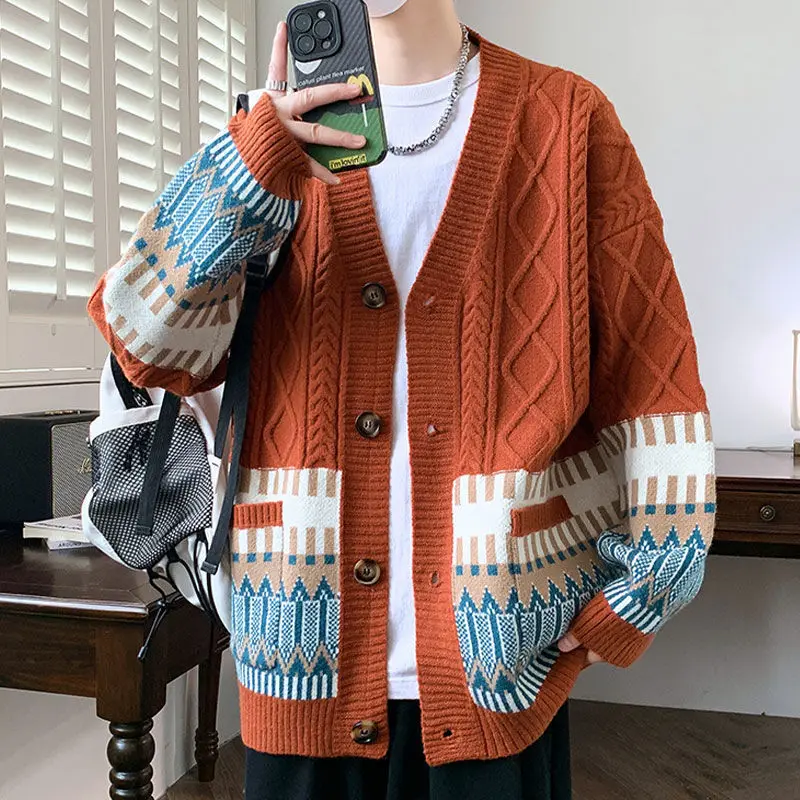 KIDWHXR Knitted Cardigans Autumn Man Fashion Contrast Color Male Sweater Coat Loose Long Sleeve Comfortable Men Outerwear