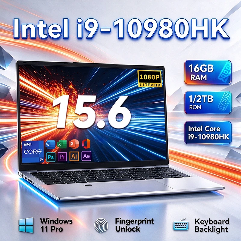 Laptop 15.6'' Intel Core I9 10980HK 9900 Gaming Laptop Windows 11 16GB RAM 1TB SSD Fingerprint Unlock Computer Backlight Office