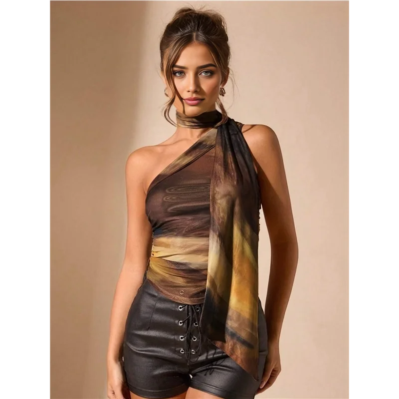 المرأة أنبوب الأعلى الفهد طباعة الأعلى Ruched حمالة شبكة الرسن قمم المطبوعات التباين م